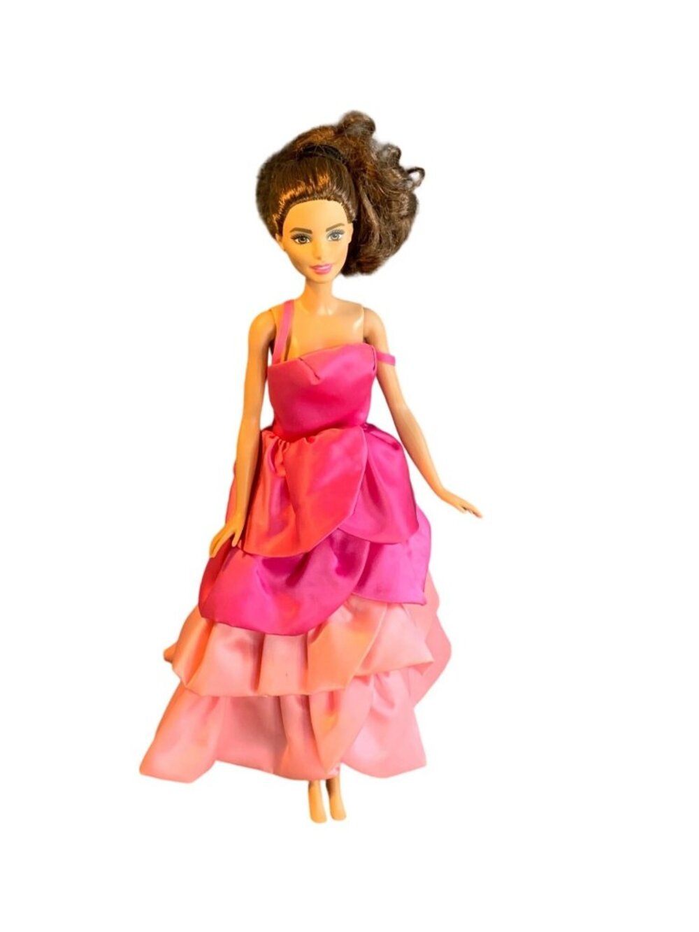 Barbie Doll 2015 Mattel in Pink Layered Gown Brown Hair 11.5 Inches